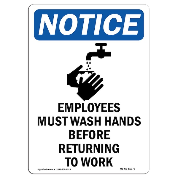 Signmission OSHA Sign, 24" H, Rigid Plastic, Employees Must Wash Sign With Symbol, Portrait, 1824-V-11975 OS-NS-P-1824-V-11975 - main
